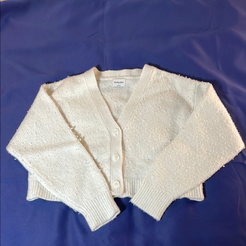 Sunday Best White Cardigan Sweater Soft Knit V-Neck